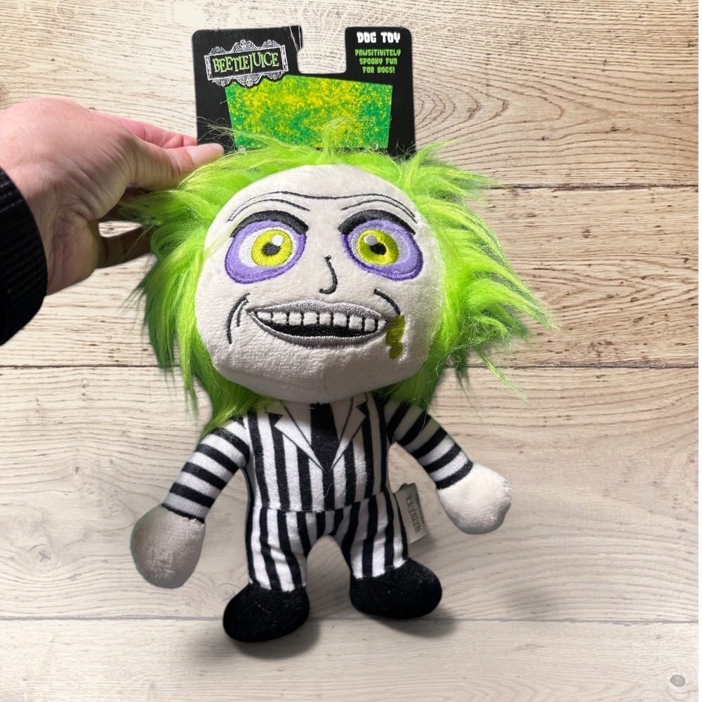 Beetlejuice Plush Squeaky Dog Toy Halloween Green Hair Striped Suit NEW